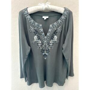 J.JILL Petite Gray Embroidered Thermal Tunic Top Long Sleeve Cotton Blend Large